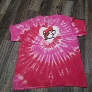 Buc-ees Pink Tie-Dye Beaver Love Hearts Logo Graphic Short Sleeve Large